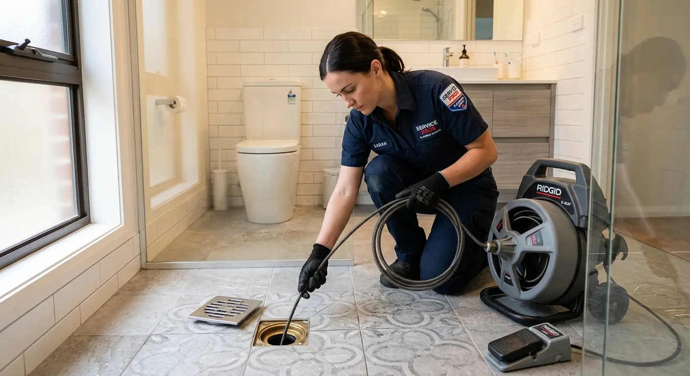Technician clearing a bathroom floor drain for Drain Cleaning in Geneva